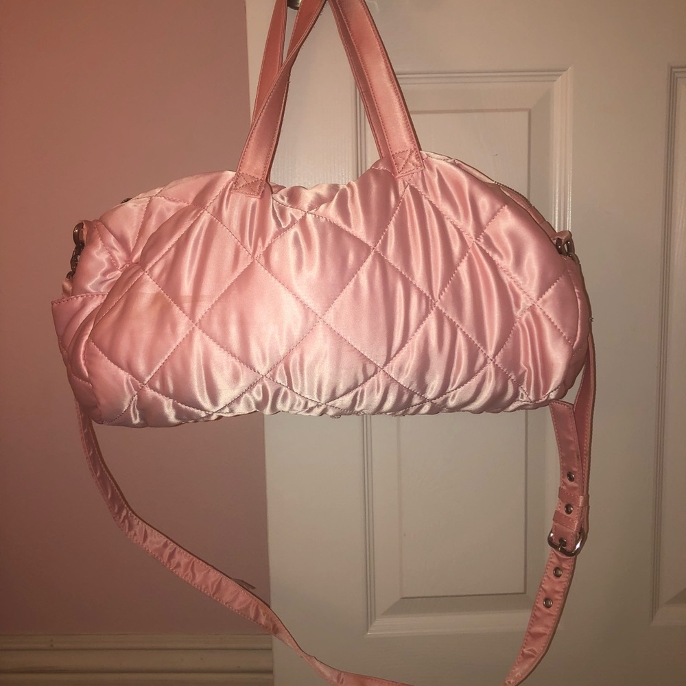 pink satin quilted gym bag